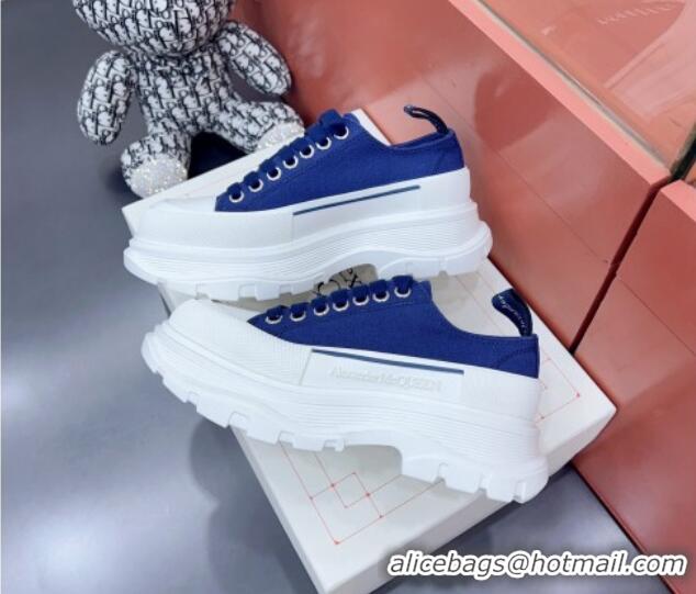 Good Looking Alexander McQueen Tread Slick Canvas Lace Up Sneakers White/Blue 013053