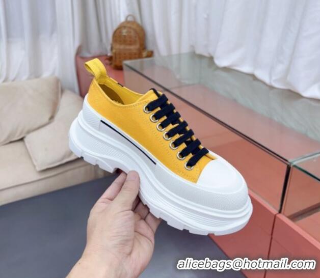 Cheap Price Alexander McQueen Tread Slick Canvas Lace Up Sneakers White/Yellow 013054