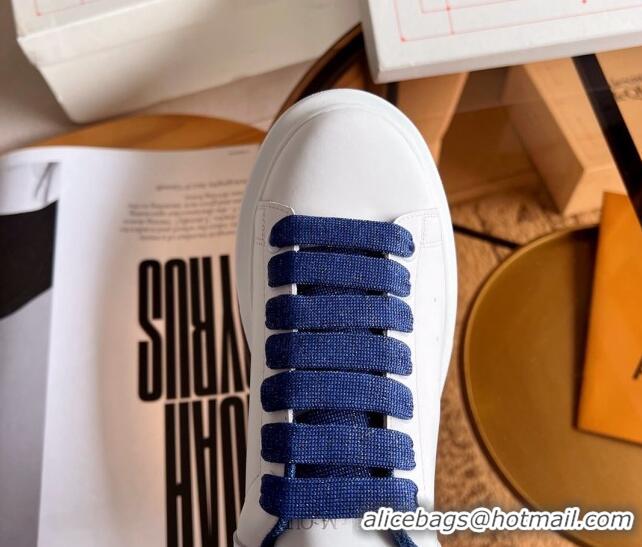 Perfect Alexander McQueen Oversized Sneakers in White Calf Leather Blue 0228129