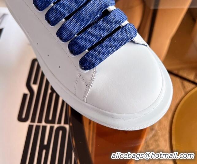 Perfect Alexander McQueen Oversized Sneakers in White Calf Leather Blue 0228129