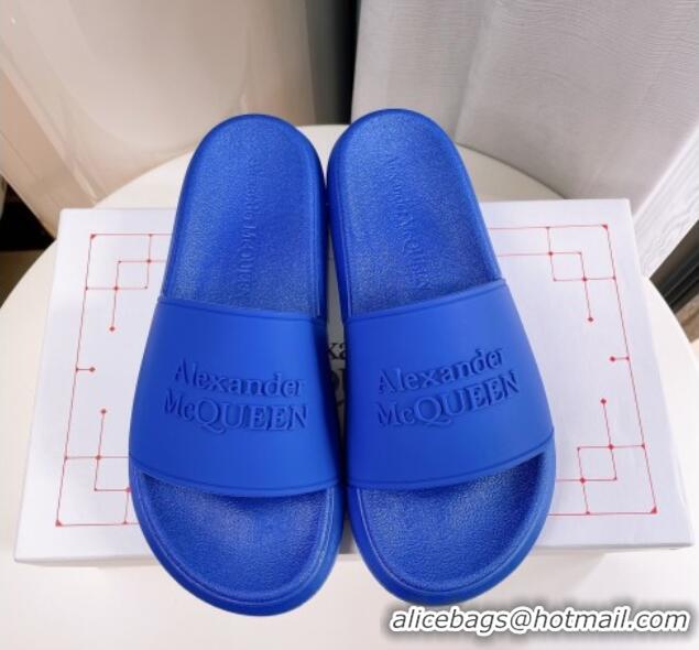 Good Quality Alexander McQueen PU Flat Slide Sandals Blue 030104