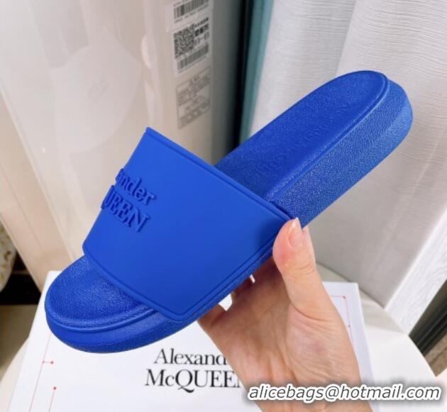 Good Quality Alexander McQueen PU Flat Slide Sandals Blue 030104