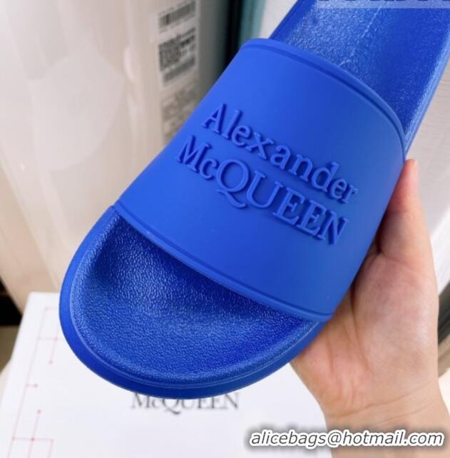 Good Quality Alexander McQueen PU Flat Slide Sandals Blue 030104