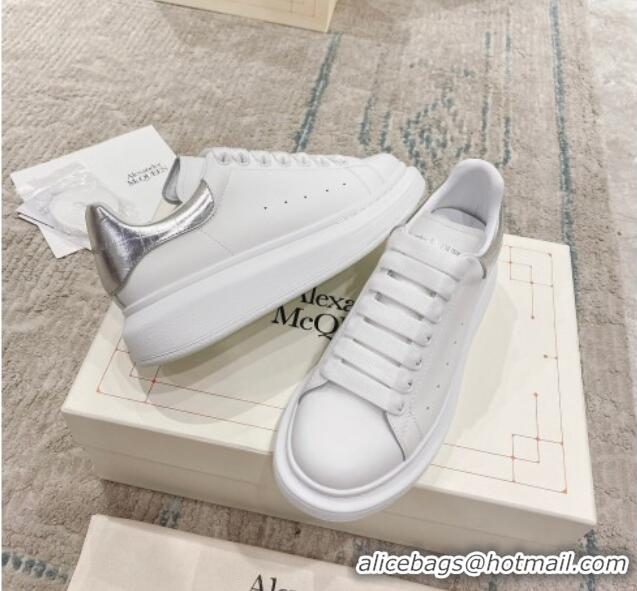 Grade Quality Alexander McQueen Oversized Sneakers with Stone-embossed Heel White/Silver 614086