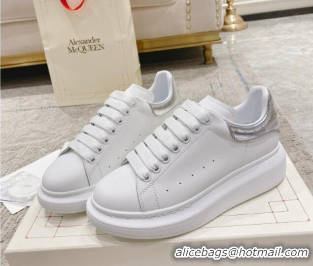 Grade Quality Alexander McQueen Oversized Sneakers with Stone-embossed Heel White/Silver 614086