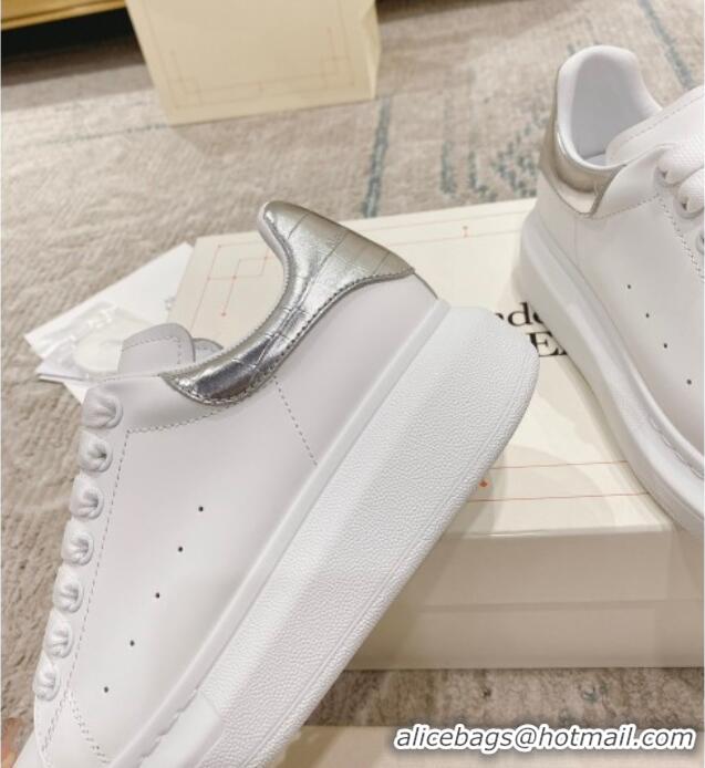 Grade Quality Alexander McQueen Oversized Sneakers with Stone-embossed Heel White/Silver 614086