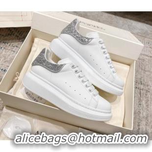 Unique Style Alexander McQueen Oversized Sneakers with Glitter Heel White/Silver 614094