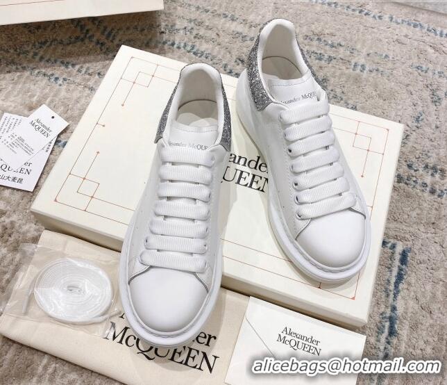 Unique Style Alexander McQueen Oversized Sneakers with Glitter Heel White/Silver 614094