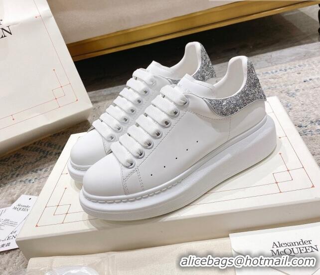 Unique Style Alexander McQueen Oversized Sneakers with Glitter Heel White/Silver 614094