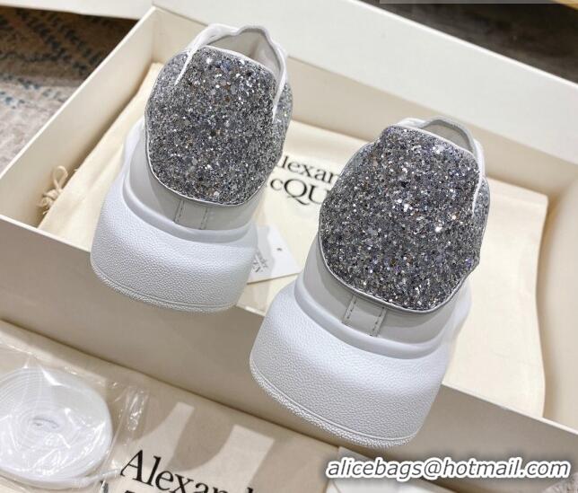 Unique Style Alexander McQueen Oversized Sneakers with Glitter Heel White/Silver 614094