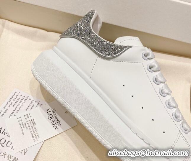 Unique Style Alexander McQueen Oversized Sneakers with Glitter Heel White/Silver 614094