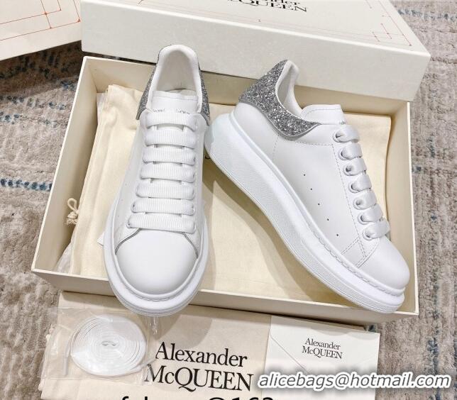 Unique Style Alexander McQueen Oversized Sneakers with Glitter Heel White/Silver 614094