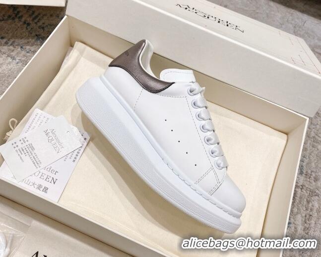 Perfect Alexander McQueen Oversized Sneakers with Calf Leather Heel White/Gunmetal 614102