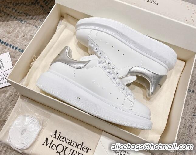 Best Grade Alexander McQueen Oversized Sneakers with Calf Leather Heel White/Silver 614103