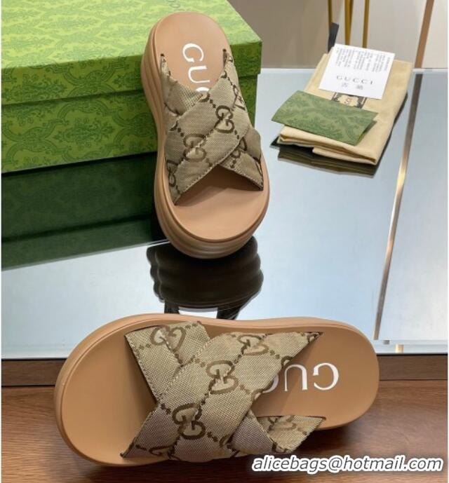 Best Product Gucci GG Fabric Platform Slide Sandals Beige 0719009