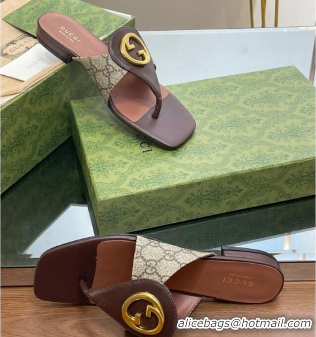 Unique Style Gucci Blondie Flat Thong Sandals in GG Canvas and Leather Beige/Brown 719018