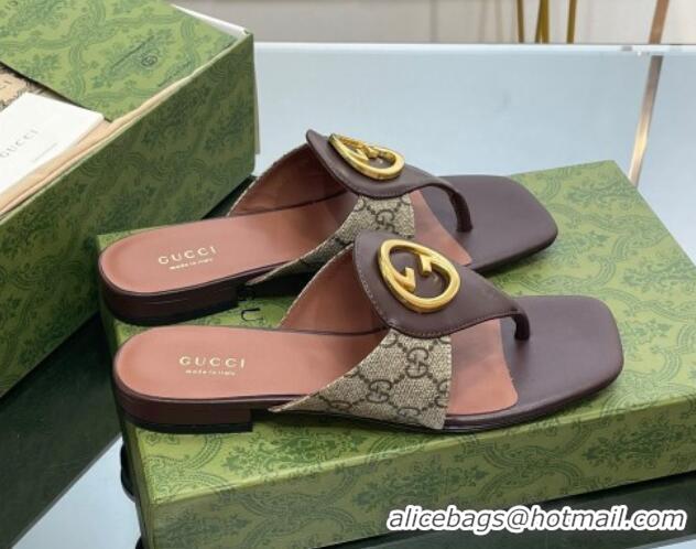 Unique Style Gucci Blondie Flat Thong Sandals in GG Canvas and Leather Beige/Brown 719018