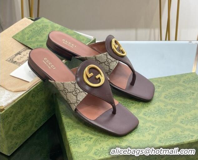 Unique Style Gucci Blondie Flat Thong Sandals in GG Canvas and Leather Beige/Brown 719018