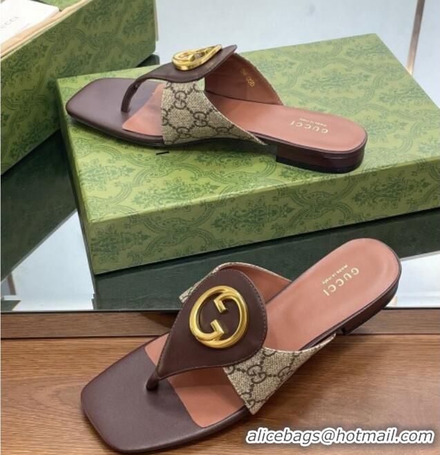 Unique Style Gucci Blondie Flat Thong Sandals in GG Canvas and Leather Beige/Brown 719018