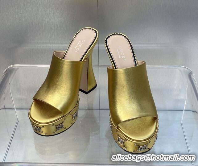 Top Grade Gucci Leather Platform Slide Sandal 15.5cm with Interlocking G Studs Gold 620043