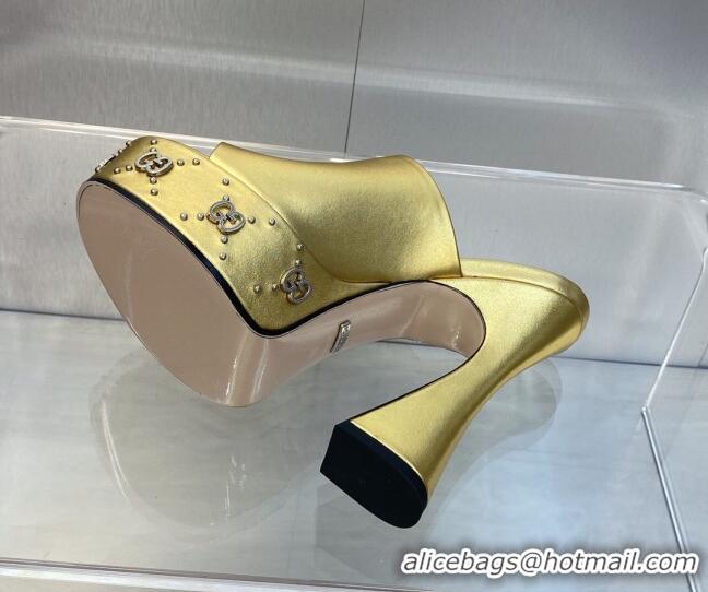 Top Grade Gucci Leather Platform Slide Sandal 15.5cm with Interlocking G Studs Gold 620043