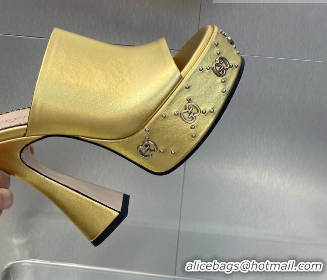 Top Grade Gucci Leather Platform Slide Sandal 15.5cm with Interlocking G Studs Gold 620043