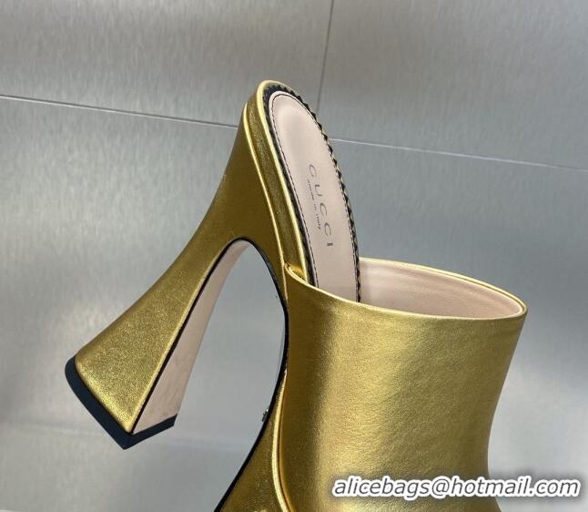 Top Grade Gucci Leather Platform Slide Sandal 15.5cm with Interlocking G Studs Gold 620043