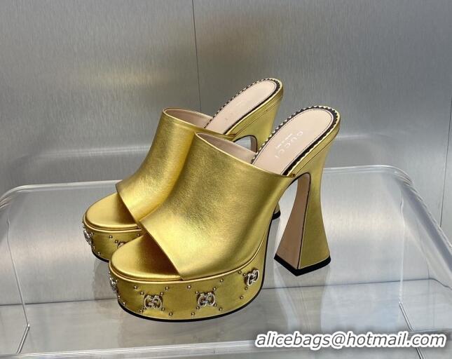 Top Grade Gucci Leather Platform Slide Sandal 15.5cm with Interlocking G Studs Gold 620043