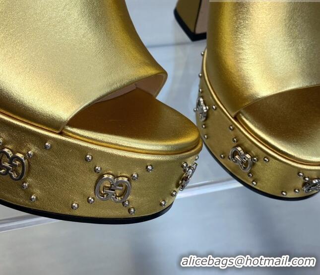 Top Grade Gucci Leather Platform Slide Sandal 15.5cm with Interlocking G Studs Gold 620043