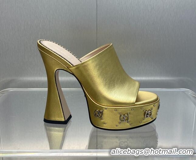 Top Grade Gucci Leather Platform Slide Sandal 15.5cm with Interlocking G Studs Gold 620043