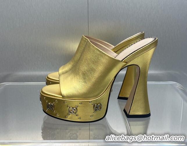 Top Grade Gucci Leather Platform Slide Sandal 15.5cm with Interlocking G Studs Gold 620043