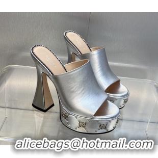 Pretty Style Gucci Leather Platform Slide Sandal 15.5cm with Interlocking G Studs Silver 620044 