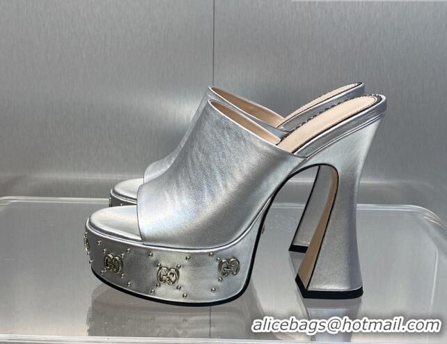 Pretty Style Gucci Leather Platform Slide Sandal 15.5cm with Interlocking G Studs Silver 620044 