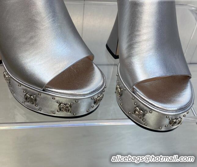 Pretty Style Gucci Leather Platform Slide Sandal 15.5cm with Interlocking G Studs Silver 620044 