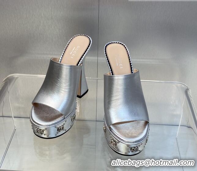 Pretty Style Gucci Leather Platform Slide Sandal 15.5cm with Interlocking G Studs Silver 620044 