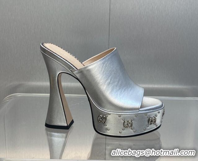 Pretty Style Gucci Leather Platform Slide Sandal 15.5cm with Interlocking G Studs Silver 620044 