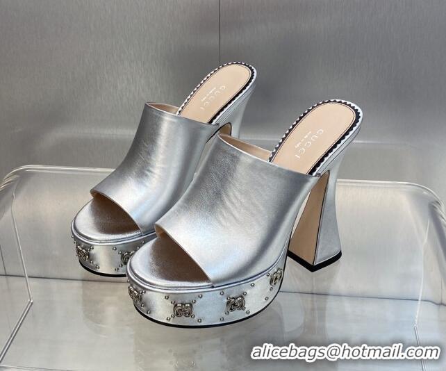 Pretty Style Gucci Leather Platform Slide Sandal 15.5cm with Interlocking G Studs Silver 620044 