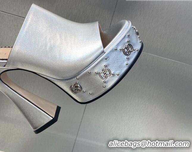 Pretty Style Gucci Leather Platform Slide Sandal 15.5cm with Interlocking G Studs Silver 620044 