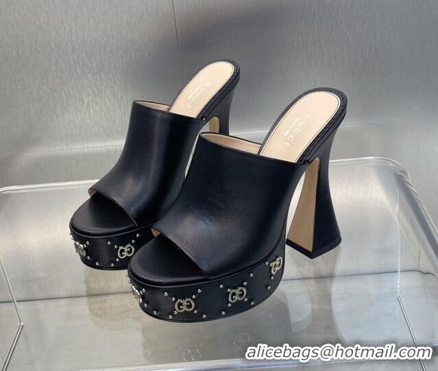 Top Design Gucci Leather Platform Slide Sandal 15.5cm with Interlocking G Studs Black 620045