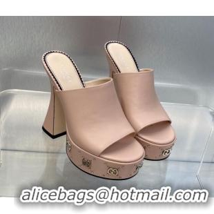 Most Popular Gucci Leather Platform Slide Sandal 15.5cm with Interlocking G Studs Light Pink 620046