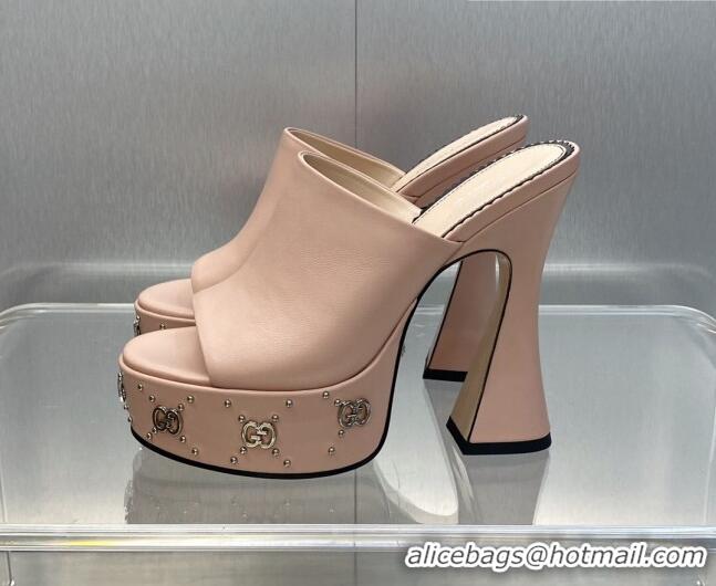 Most Popular Gucci Leather Platform Slide Sandal 15.5cm with Interlocking G Studs Light Pink 620046