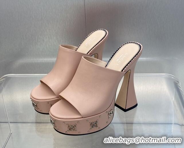 Most Popular Gucci Leather Platform Slide Sandal 15.5cm with Interlocking G Studs Light Pink 620046