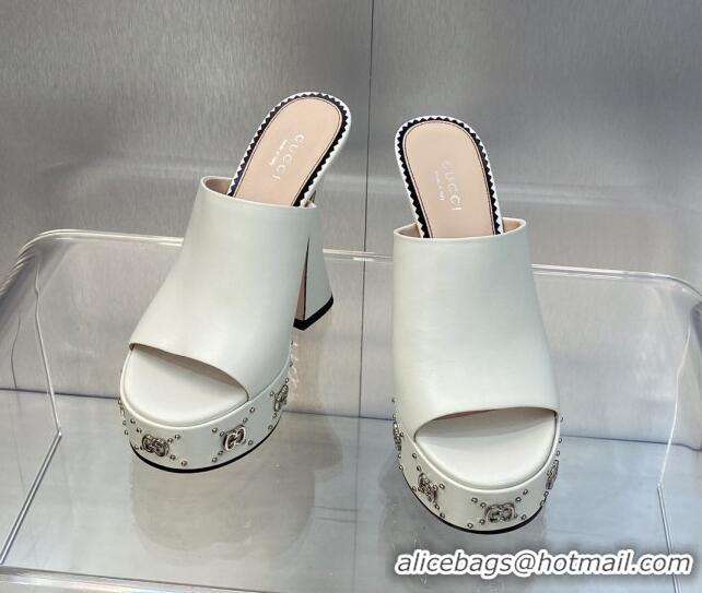 Popular Style Gucci Leather Platform Slide Sandal 15.5cm with Interlocking G Studs White 620047