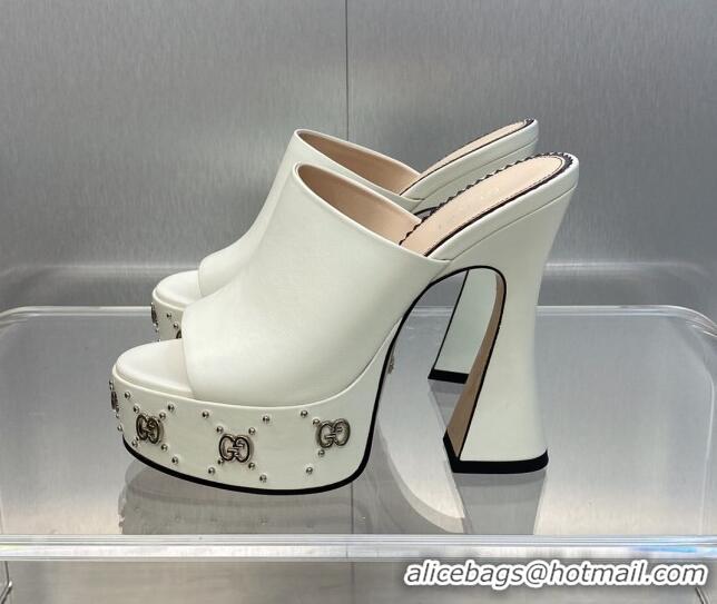 Popular Style Gucci Leather Platform Slide Sandal 15.5cm with Interlocking G Studs White 620047