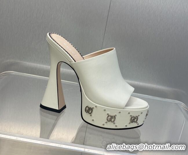 Popular Style Gucci Leather Platform Slide Sandal 15.5cm with Interlocking G Studs White 620047