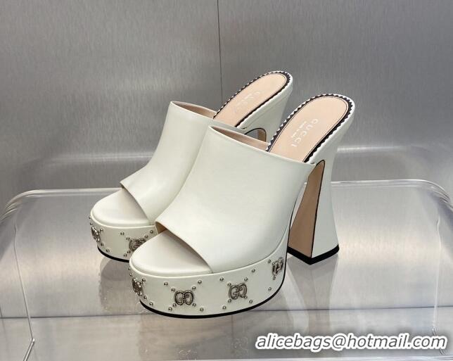 Popular Style Gucci Leather Platform Slide Sandal 15.5cm with Interlocking G Studs White 620047