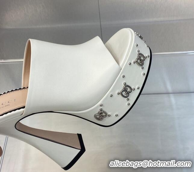 Popular Style Gucci Leather Platform Slide Sandal 15.5cm with Interlocking G Studs White 620047