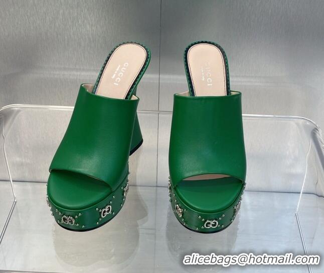 Cheap Price Gucci Leather Platform Slide Sandal 15.5cm with Interlocking G Studs Green 620048