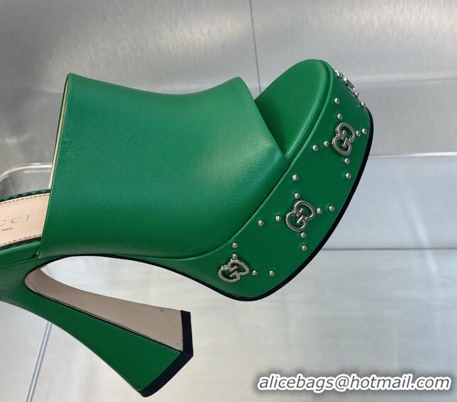 Cheap Price Gucci Leather Platform Slide Sandal 15.5cm with Interlocking G Studs Green 620048