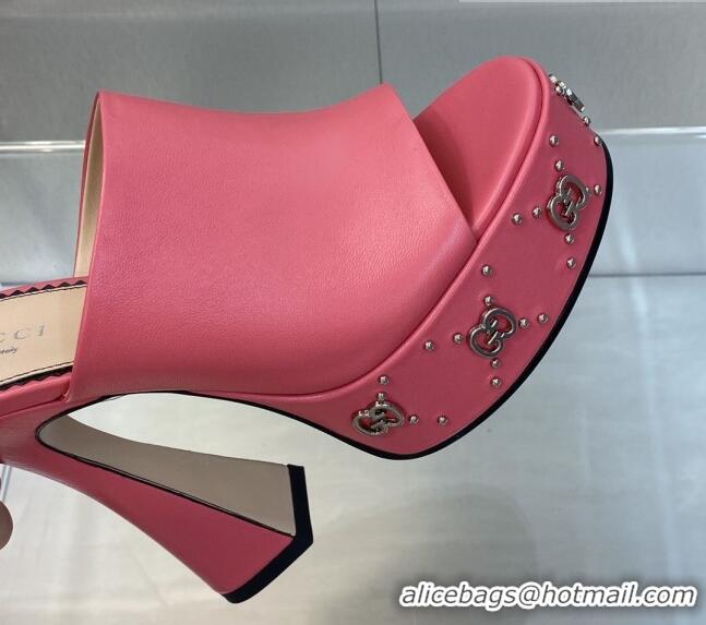 Unique Discount Gucci Leather Platform Slide Sandal 15.5cm with Interlocking G Studs Pink 620049